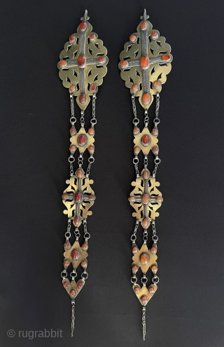 A pair of Antique Turkmen Traditional Silver Hair Jewelry Gilded and with Carnelian
Turkmen Tribe Silver Costume Jewelery. Circa - 1900 Size - ''50 cm x 8.5 cm'' - Weight : 346 gr.  ...