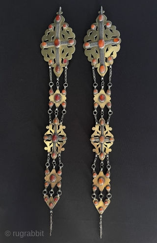 A pair of Antique Turkmen Traditional Silver Hair Jewelry Gilded and with Carnelian
Turkmen Tribe Silver Costume Jewelery. Circa - 1900 Size - ''50 cm x 8.5 cm'' - Weight : 346 gr.  ...