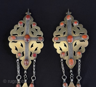 A pair of Antique Turkmen Traditional Silver Hair Jewelry Gilded and with Carnelian
Turkmen Tribe Silver Costume Jewelery. Circa - 1900 Size - ''50 cm x 8.5 cm'' - Weight : 346 gr.  ...