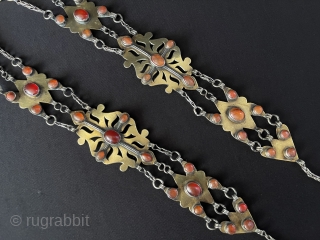 A pair of Antique Turkmen Traditional Silver Hair Jewelry Gilded and with Carnelian
Turkmen Tribe Silver Costume Jewelery. Circa - 1900 Size - ''50 cm x 8.5 cm'' - Weight : 346 gr.  ...