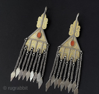 A pair of Turkmen Tribe Silver Earrings Fire Gilded with Carnelian & Hair Jewelry Accessories. Turkmen Women Use Silver Earrings İnstead of Gold When They Get Married. Size - ''20 cm x  ...