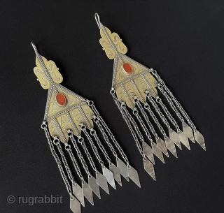 A pair of Turkmen Tribe Silver Earrings Fire Gilded with Carnelian & Hair Jewelry Accessories. Turkmen Women Use Silver Earrings İnstead of Gold When They Get Married. Size - ''20 cm x  ...