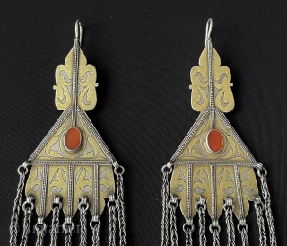 A pair of Turkmen Tribe Silver Earrings Fire Gilded with Carnelian & Hair Jewelry Accessories. Turkmen Women Use Silver Earrings İnstead of Gold When They Get Married. Size - ''20 cm x  ...