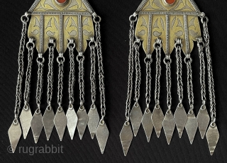 A pair of Turkmen Tribe Silver Earrings Fire Gilded with Carnelian & Hair Jewelry Accessories. Turkmen Women Use Silver Earrings İnstead of Gold When They Get Married. Size - ''20 cm x  ...