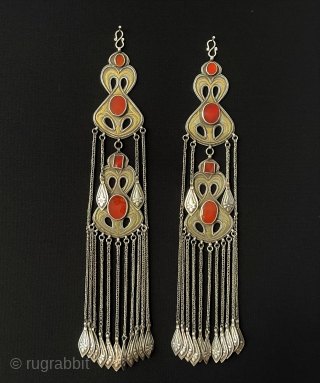 Central - Asian A pair of Antique Turkmen Tribal İskendery Design Silver Headpiece & Hair Jewelry Gold Washed with Carnelian. Turkmen Art Costume Jewelry Accessories. Great Condition ! Size - ''30 cm  ...