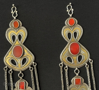 Central - Asian A pair of Antique Turkmen Tribal İskendery Design Silver Headpiece & Hair Jewelry Gold Washed with Carnelian. Turkmen Art Costume Jewelry Accessories. Great Condition ! Size - ''30 cm  ...