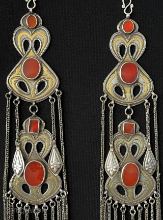 Central - Asian A pair of Antique Turkmen Tribal İskendery Design Silver Headpiece & Hair Jewelry Gold Washed with Carnelian. Turkmen Art Costume Jewelry Accessories. Great Condition ! Size - ''30 cm  ...