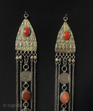 Central - Asian A pair of Antique Turkmen - Yomud Tribal Silver Headpiece & Hair Jewelry Fire Gilded with Carnelian and Old Silver Coins. Turkmen Art Collector Jewelry. Circa - 1900 or  ...