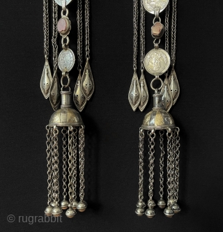 Central - Asian A pair of Antique Turkmen - Yomud Tribal Silver Headpiece & Hair Jewelry Fire Gilded with Carnelian and Old Silver Coins. Turkmen Art Collector Jewelry. Circa - 1900 or  ...