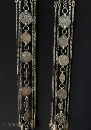Central - Asian A pair of Antique Turkmen - Yomud Tribal Silver Headpiece & Hair Jewelry Fire Gilded with Carnelian and Old Silver Coins. Turkmen Art Collector Jewelry. Circa - 1900 or  ...