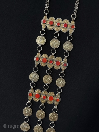 Antique Turkmen - Yomud Tribal Silver Necklace Fire Gilded with Carnelian. Turkmen people Used for Wedding and Engagement Days.Turkmen Art Collector Jewelery.Circa - 1900 Size - Lenght with Chain : 58 cm  ...