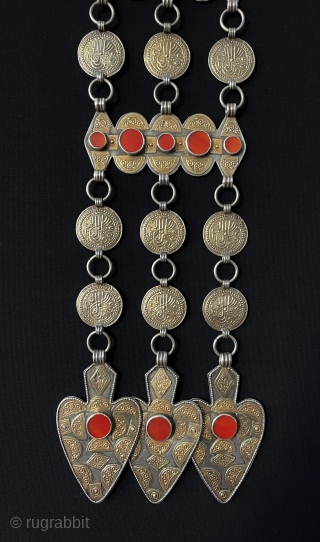 Antique Turkmen - Yomud Tribal Silver Necklace Fire Gilded with Carnelian. Turkmen people Used for Wedding and Engagement Days.Turkmen Art Collector Jewelery.Circa - 1900 Size - Lenght with Chain : 58 cm  ...