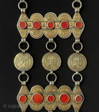 Antique Turkmen - Yomud Tribal Silver Necklace Fire Gilded with Carnelian. Turkmen people Used for Wedding and Engagement Days.Turkmen Art Collector Jewelery.Circa - 1900 Size - Lenght with Chain : 58 cm  ...