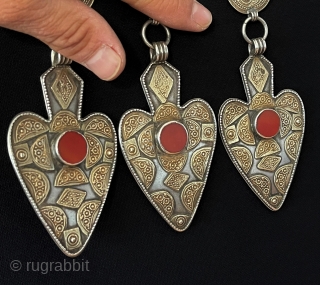 Antique Turkmen - Yomud Tribal Silver Necklace Fire Gilded with Carnelian. Turkmen people Used for Wedding and Engagement Days.Turkmen Art Collector Jewelery.Circa - 1900 Size - Lenght with Chain : 58 cm  ...
