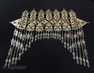 Cnetral - Asian Antique Turkmen - Tekke Tribal Silver Headpiece & Pediment Fire Gilded with Carnelian. Turkmen women's Used for Wedding Headpiece Jewelry. Circa - 1900 or earlier Great Condition ! Size  ...