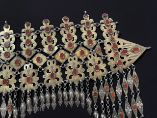 Cnetral - Asian Antique Turkmen - Tekke Tribal Silver Headpiece & Pediment Fire Gilded with Carnelian. Turkmen women's Used for Wedding Headpiece Jewelry. Circa - 1900 or earlier Great Condition ! Size  ...
