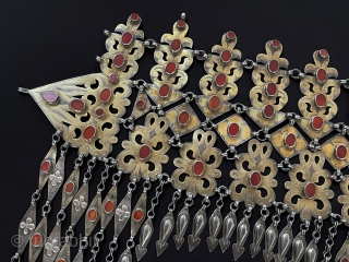 Cnetral - Asian Antique Turkmen - Tekke Tribal Silver Headpiece & Pediment Fire Gilded with Carnelian. Turkmen women's Used for Wedding Headpiece Jewelry. Circa - 1900 or earlier Great Condition ! Size  ...
