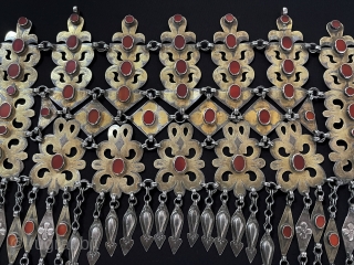 Cnetral - Asian Antique Turkmen - Tekke Tribal Silver Headpiece & Pediment Fire Gilded with Carnelian. Turkmen women's Used for Wedding Headpiece Jewelry. Circa - 1900 or earlier Great Condition ! Size  ...