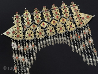 Cnetral - Asian Antique Turkmen - Tekke Tribal Silver Headpiece & Pediment Fire Gilded with Carnelian. Turkmen women's Used for Wedding Headpiece Jewelry. Circa - 1900 or earlier Great Condition ! Size  ...