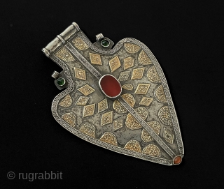 Central - Asian Antique Turkmen Yomud Tribal Silver Asyk Pendant Fire Gilded with Carnelian & Gemstone. Circa - 1900 Size - ''19 cm x 13 cm'' - Weight : 186 gr.  
