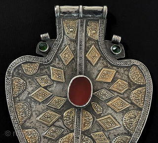 Central - Asian Antique Turkmen Yomud Tribal Silver Asyk Pendant Fire Gilded with Carnelian & Gemstone. Circa - 1900 Size - ''19 cm x 13 cm'' - Weight : 186 gr.  