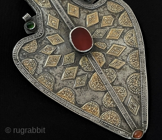 Central - Asian Antique Turkmen Yomud Tribal Silver Asyk Pendant Fire Gilded with Carnelian & Gemstone. Circa - 1900 Size - ''19 cm x 13 cm'' - Weight : 186 gr.  