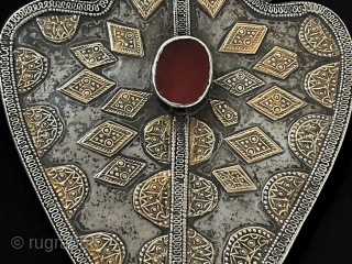 Central - Asian Antique Turkmen Yomud Tribal Silver Asyk Pendant Fire Gilded with Carnelian & Gemstone. Circa - 1900 Size - ''19 cm x 13 cm'' - Weight : 186 gr.  