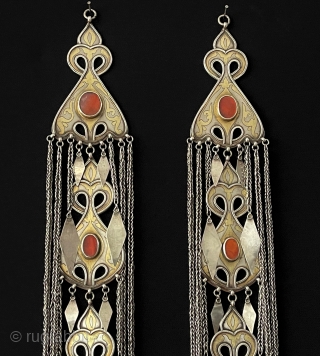 Central - Asian A pair of Antique Turkmen İskendery Handcrafted Silver Headpiece & Hair Jewelry Accessories Fine Gilded and old Carnelian. Turkmen Art Collector Jewelery.Circa - 1900 Size - ''77 cm x  ...