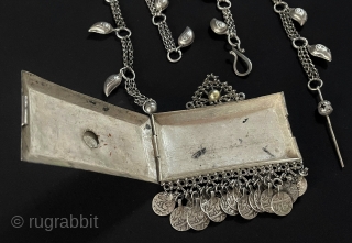 Central - Asian Antique Uzbekistan Tribal Handcarved Silver Necklace & Gold Washed.
Before, when people used it, they used to print a picture of their loved ones or amulets and use it. Circa  ...