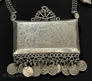 Central - Asian Antique Uzbekistan Tribal Handcarved Silver Necklace & Gold Washed.
Before, when people used it, they used to print a picture of their loved ones or amulets and use it. Circa  ...