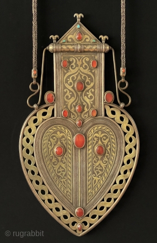 Central - Asian LARGE & RARE ! Antique Turkmen Traditional Silver Hanging Decorative Jewelery Gold Washed and with Carnelian & Turquoise. Turkmen Tribal Silver Asyk Necklace Talismanic Handcrafted. Turkmen Art Collector Jewelery.  ...