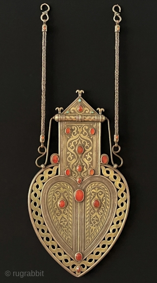 Central - Asian LARGE & RARE ! Antique Turkmen Traditional Silver Hanging Decorative Jewelery Gold Washed and with Carnelian & Turquoise. Turkmen Tribal Silver Asyk Necklace Talismanic Handcrafted. Turkmen Art Collector Jewelery.  ...