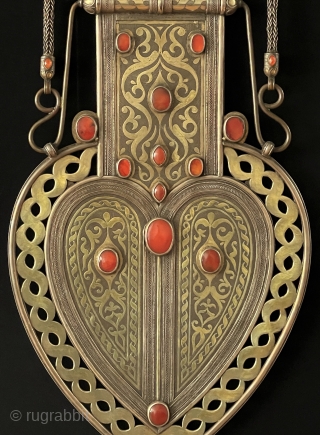 Central - Asian LARGE & RARE ! Antique Turkmen Traditional Silver Hanging Decorative Jewelery Gold Washed and with Carnelian & Turquoise. Turkmen Tribal Silver Asyk Necklace Talismanic Handcrafted. Turkmen Art Collector Jewelery.  ...