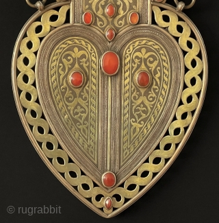 Central - Asian LARGE & RARE ! Antique Turkmen Traditional Silver Hanging Decorative Jewelery Gold Washed and with Carnelian & Turquoise. Turkmen Tribal Silver Asyk Necklace Talismanic Handcrafted. Turkmen Art Collector Jewelery.  ...
