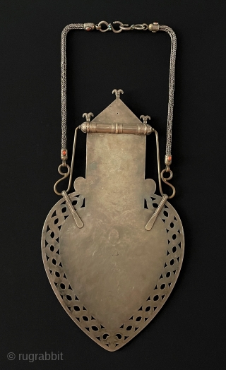 Central - Asian LARGE & RARE ! Antique Turkmen Traditional Silver Hanging Decorative Jewelery Gold Washed and with Carnelian & Turquoise. Turkmen Tribal Silver Asyk Necklace Talismanic Handcrafted. Turkmen Art Collector Jewelery.  ...
