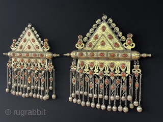 Central - Asian A pair of Antique Turkmen - Tekke Tribal Large Tumar Necklace Fire Gilded with Carnelian & Wall Hanging Jewelery. Turkmen Art Collector Jewelery.
Excellent Condition ! Circa - 1900   ...