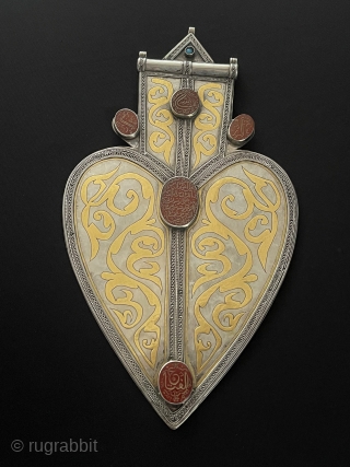 Central - Asian Ethnic Turkmen Tribal Silver İslamic Asyk Pendant Gold Washed with İslamic Carnelian. It has very fine special gold work. Size - ''28 cm x 15.5 cm'' - Weight :  ...