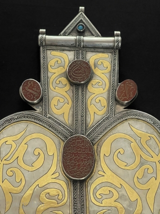 Central - Asian Ethnic Turkmen Tribal Silver İslamic Asyk Pendant Gold Washed with İslamic Carnelian. It has very fine special gold work. Size - ''28 cm x 15.5 cm'' - Weight :  ...
