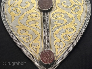 Central - Asian Ethnic Turkmen Tribal Silver İslamic Asyk Pendant Gold Washed with İslamic Carnelian. It has very fine special gold work. Size - ''28 cm x 15.5 cm'' - Weight :  ...