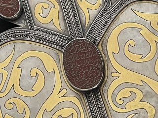 Central - Asian Ethnic Turkmen Tribal Silver İslamic Asyk Pendant Gold Washed with İslamic Carnelian. It has very fine special gold work. Size - ''28 cm x 15.5 cm'' - Weight :  ...