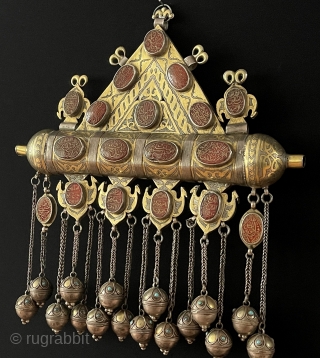 Central - Asian RARE ! Antique Turkmen Traditional Silver İslamic Tumar Necklace Jewelery Fine Gilded with Carnelian. Turkmen Art Collector Jewelery. Size - ''32 cm x 29 cm'' - Weight : 1001  ...