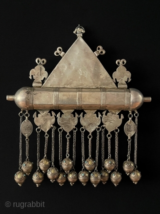 Central - Asian RARE ! Antique Turkmen Traditional Silver İslamic Tumar Necklace Jewelery Fine Gilded with Carnelian. Turkmen Art Collector Jewelery. Size - ''32 cm x 29 cm'' - Weight : 1001  ...