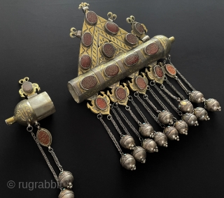 Central - Asian RARE ! Antique Turkmen Traditional Silver İslamic Tumar Necklace Jewelery Fine Gilded with Carnelian. Turkmen Art Collector Jewelery. Size - ''32 cm x 29 cm'' - Weight : 1001  ...