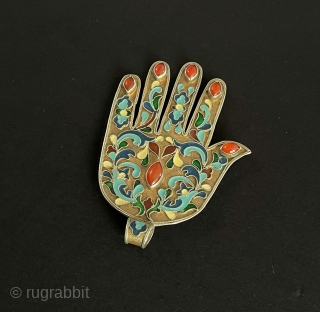 Antique - Bukhora Tribal Silver Enamel Hand Pendant with Gilded & Carnelian. Size - ''11 cm x 8 cm'' - Weight : 60 gr.         