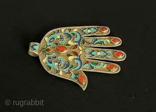Antique - Bukhora Tribal Silver Enamel Hand Pendant with Gilded & Carnelian. Size - ''11 cm x 8 cm'' - Weight : 60 gr.         
