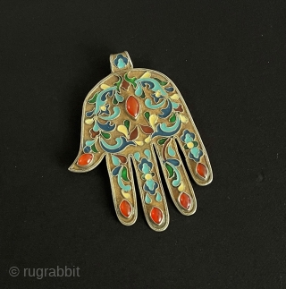 Antique - Bukhora Tribal Silver Enamel Hand Pendant with Gilded & Carnelian. Size - ''11 cm x 8 cm'' - Weight : 60 gr.         
