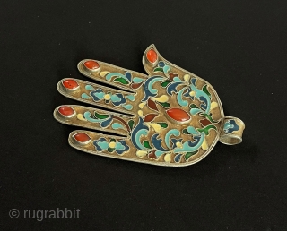 Antique - Bukhora Tribal Silver Enamel Hand Pendant with Gilded & Carnelian. Size - ''11 cm x 8 cm'' - Weight : 60 gr.         