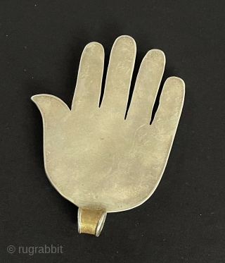 Antique - Bukhora Tribal Silver Enamel Hand Pendant with Gilded & Carnelian. Size - ''11 cm x 8 cm'' - Weight : 60 gr.         