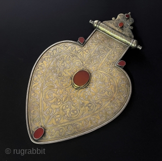 RARE ! LARGE ! Antique Turkmen / Turkoman Silver ASyk Pendant Fine Gilded with Carnelian. İskendery Design Great Condition Turkmen Wedding Silver Jewelry & Wall Hanging Jewelery. The back of this necklace  ...