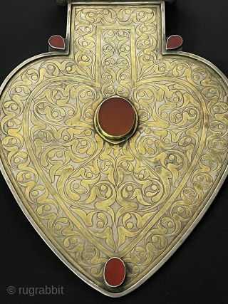 RARE ! LARGE ! Antique Turkmen / Turkoman Silver ASyk Pendant Fine Gilded with Carnelian. İskendery Design Great Condition Turkmen Wedding Silver Jewelry & Wall Hanging Jewelery. The back of this necklace  ...
